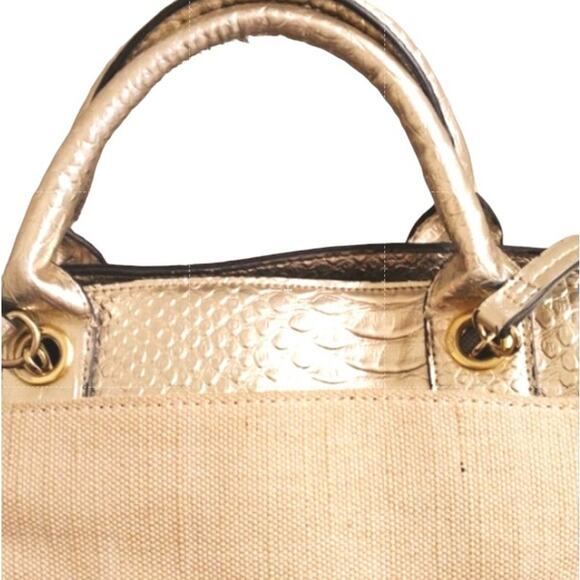 London Fog TOTE Bag 12x20 Gold Leather Trim Shoulder Strap 4 Feet Canvas Luxury - Picture 2 of 16